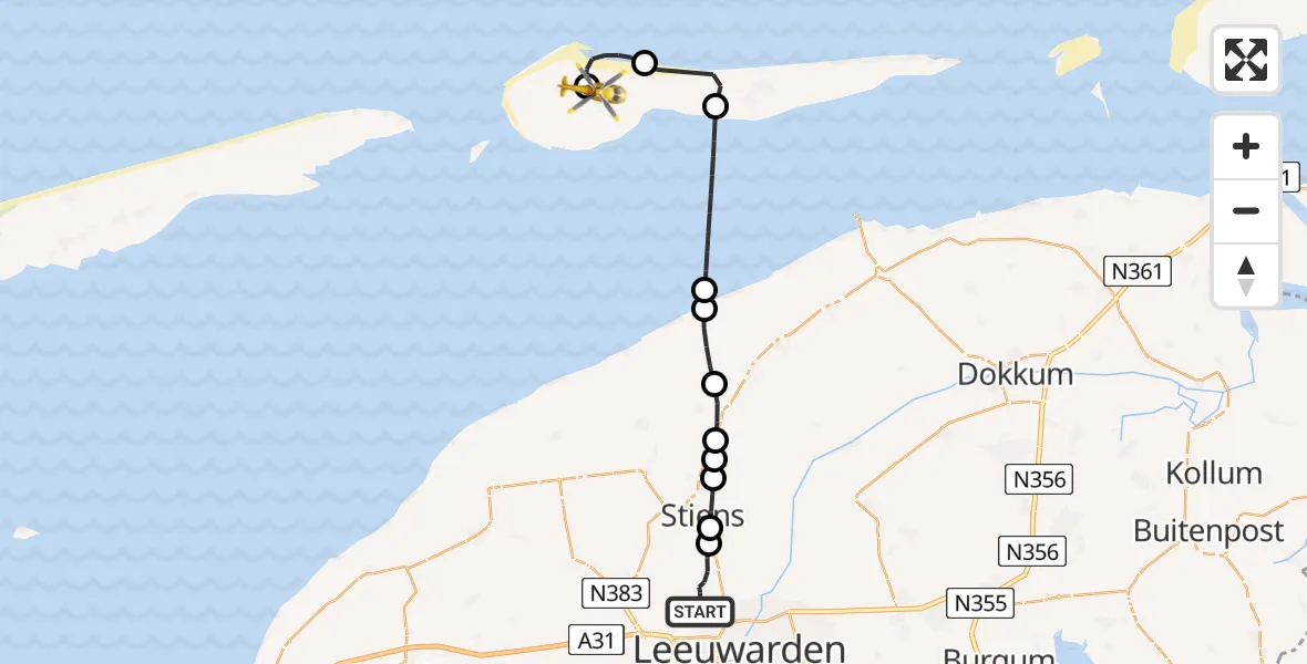 Vluchtroute Ambulancehelikopter van Vliegbasis Leeuwarden naar Ameland Vliegveld Ballum