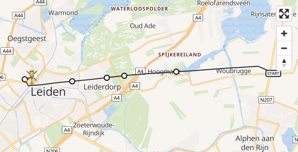 Vluchtroute Traumahelikopter van Woubrugge naar Leiden University Medical Center Heliport