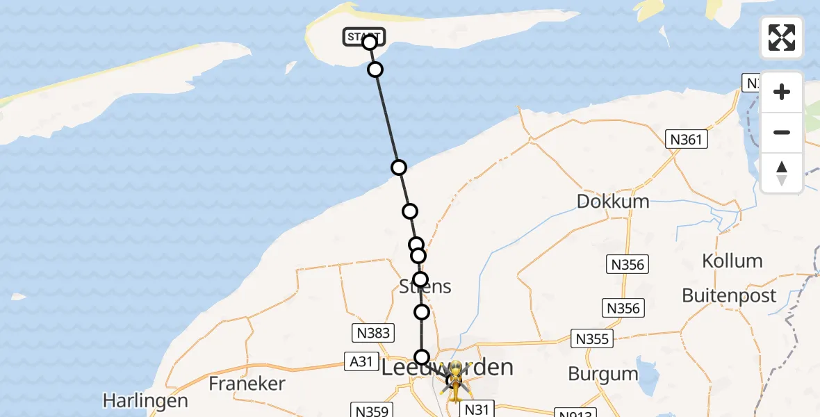 Vluchtroute Ambulancehelikopter van Ameland Vliegveld Ballum naar Leeuwarden Medical Center Heliport