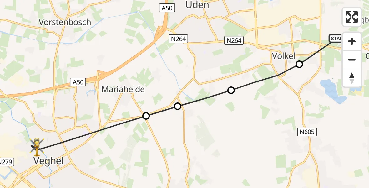 Vluchtroute Traumahelikopter van Vliegbasis Volkel naar Veghel