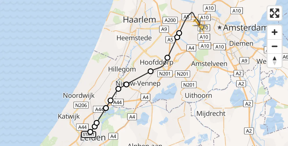 Vluchtroute Traumahelikopter van Leiden University Medical Center Heliport naar Amsterdam