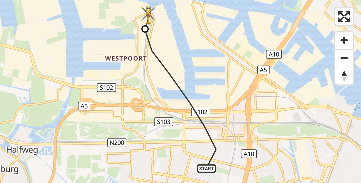 Vluchtroute Traumahelikopter van Amsterdam naar Amsterdam Heliport