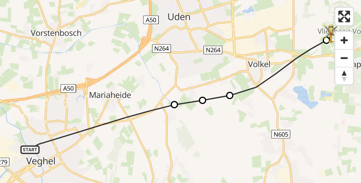 Vluchtroute Traumahelikopter van Veghel naar Vliegbasis Volkel
