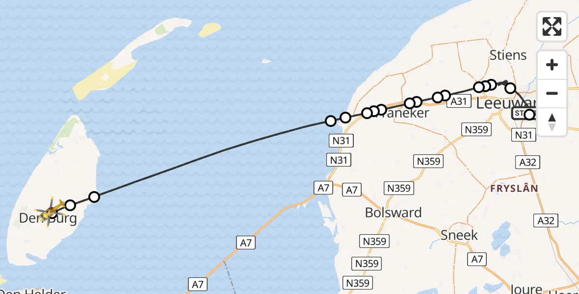 Vluchtroute Ambulancehelikopter van Leeuwarden Medical Center Heliport naar Den Burg