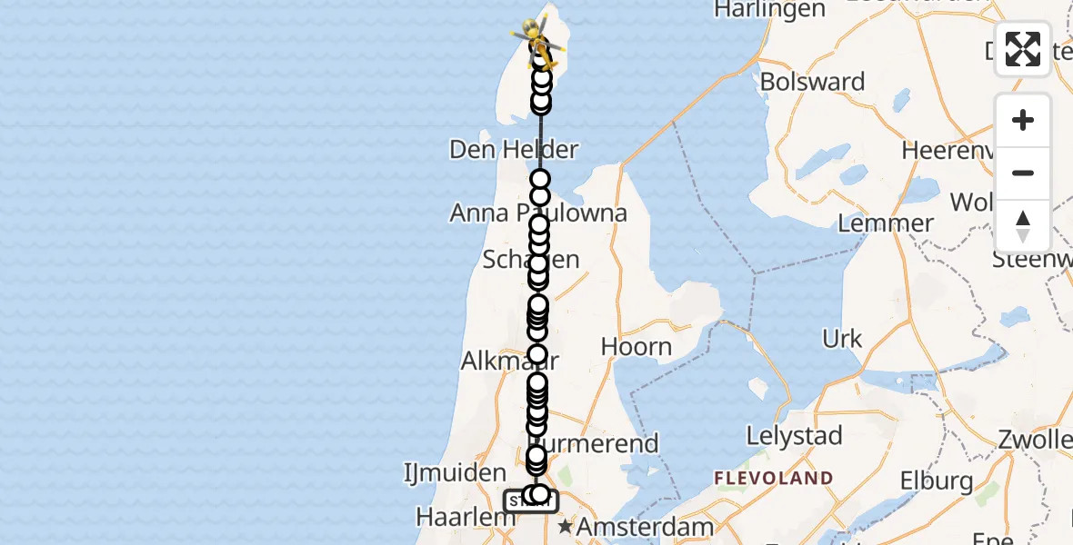 Vluchtroute Traumahelikopter van Amsterdam Heliport naar Texel International Airport