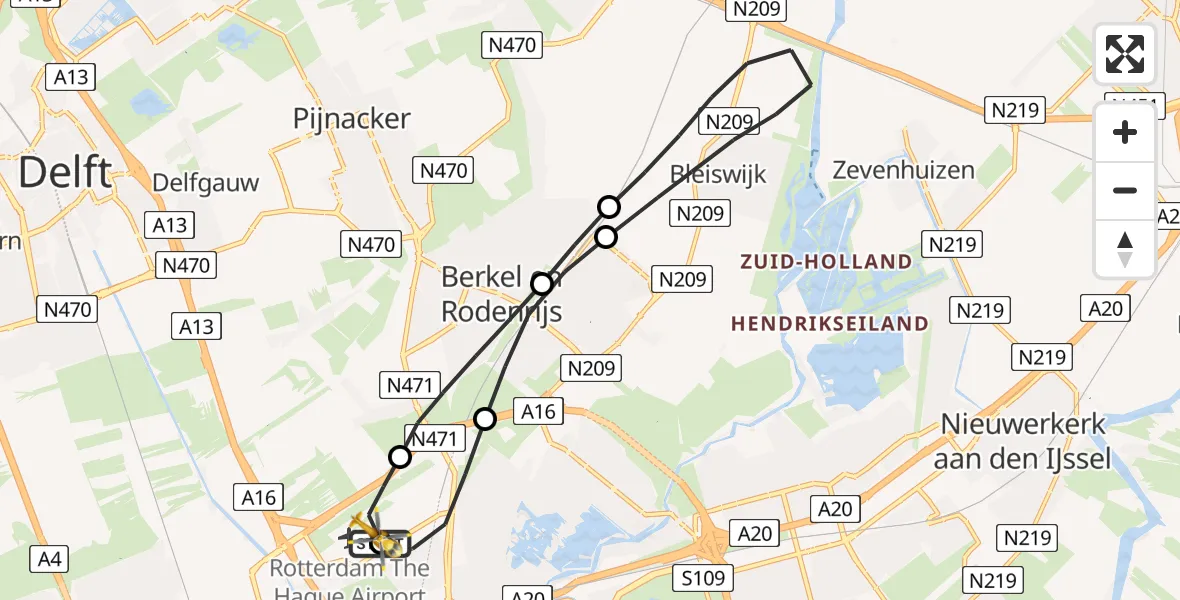 Vluchtroute Traumahelikopter van Rotterdam The Hague Airport naar Rotterdam The Hague Airport