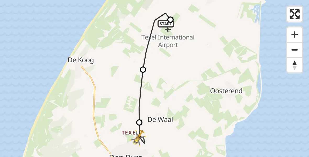 Vluchtroute Traumahelikopter van Texel International Airport naar Den Burg