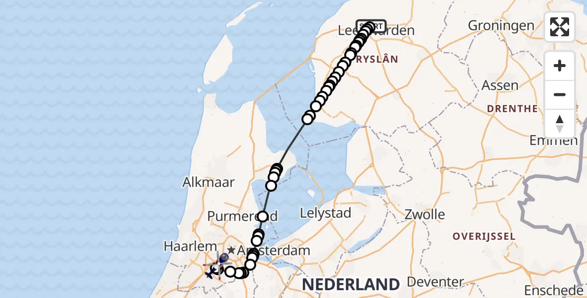 Vluchtroute Politiehelikopter van Vliegbasis Leeuwarden naar Amsterdam Vliegveld Schiphol