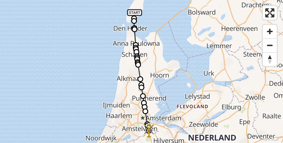 Vluchtroute Ambulancehelikopter van Den Burg naar Amsterdam UMC Helipad