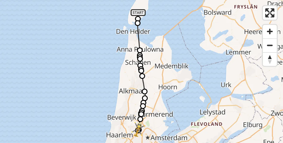 Vluchtroute Traumahelikopter van Den Burg naar Amsterdam Heliport
