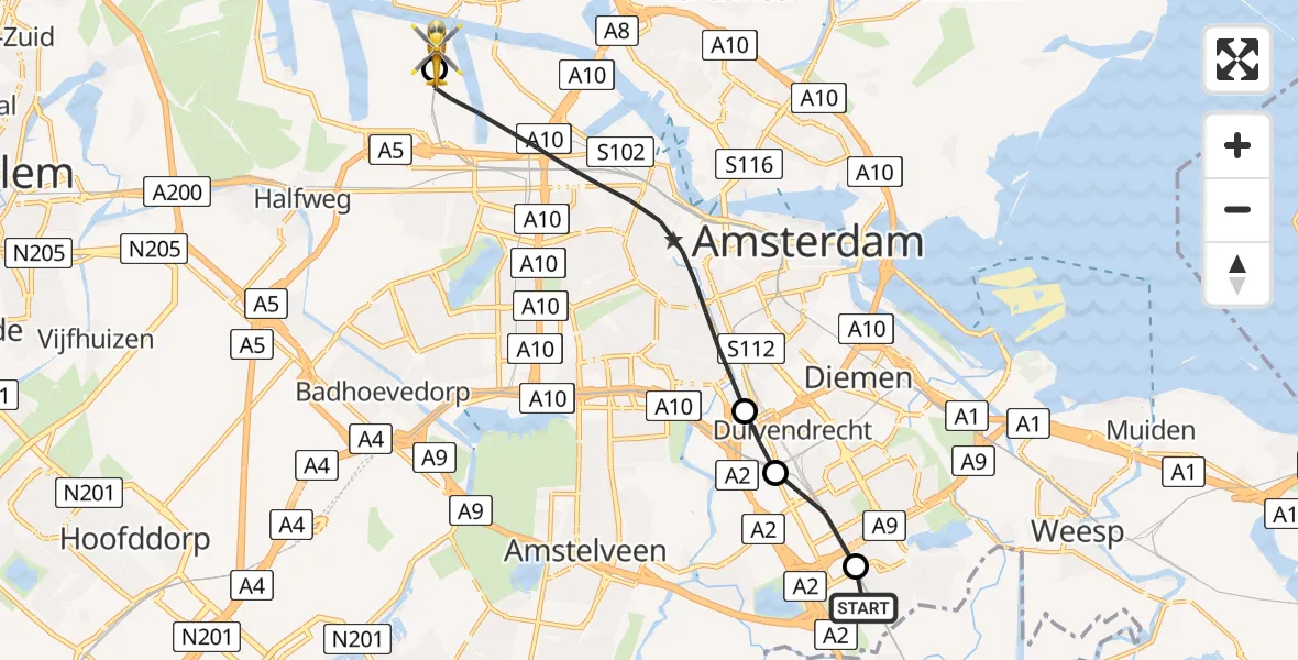 Vluchtroute Ambulancehelikopter van Academisch Medisch Centrum (AMC) naar Amsterdam Heliport