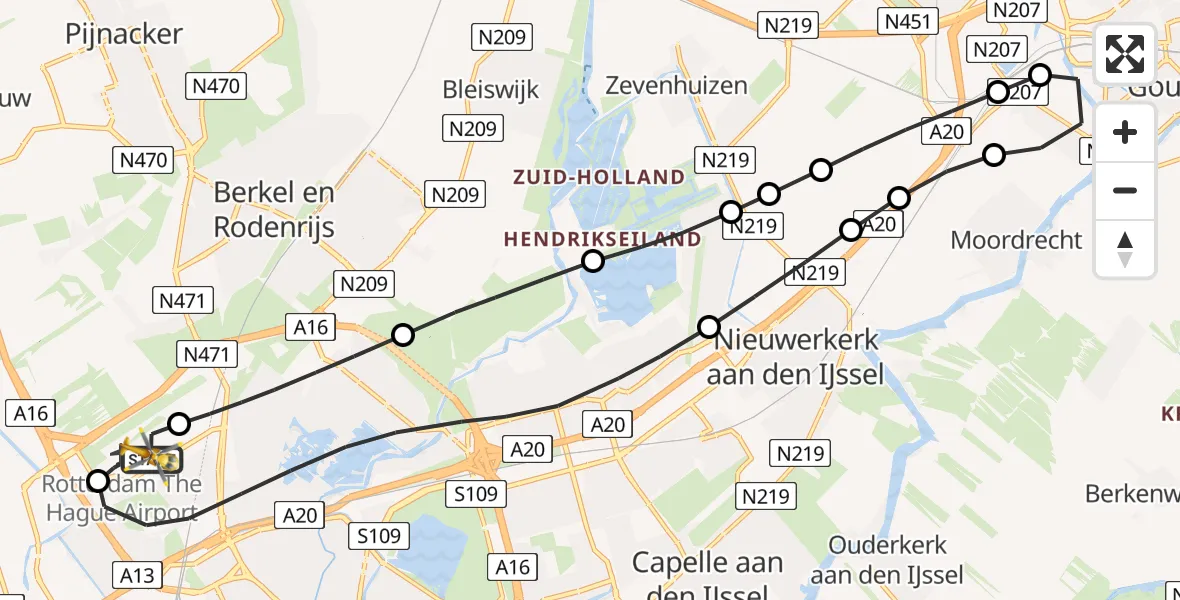 Vluchtroute Traumahelikopter van Rotterdam The Hague Airport naar Rotterdam The Hague Airport