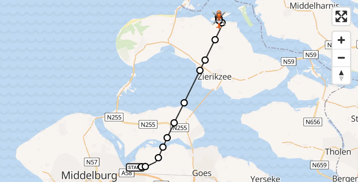 Vluchtroute Kustwachthelikopter van Vliegveld Midden-Zeeland naar Brouwershaven