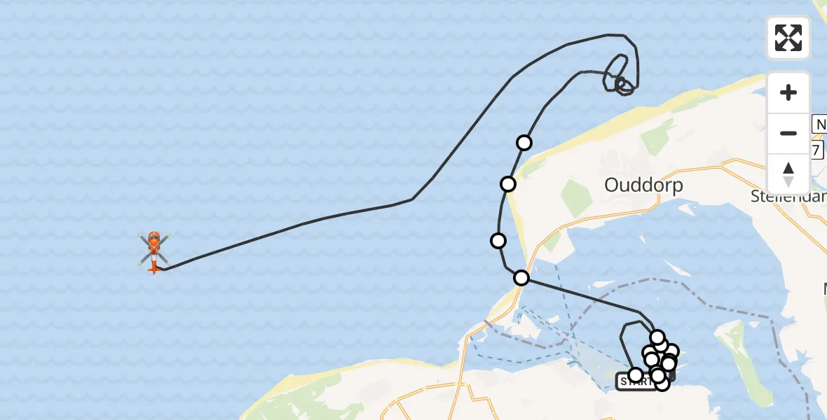 Vluchtroute Kustwachthelikopter van Brouwershaven naar Noordzee