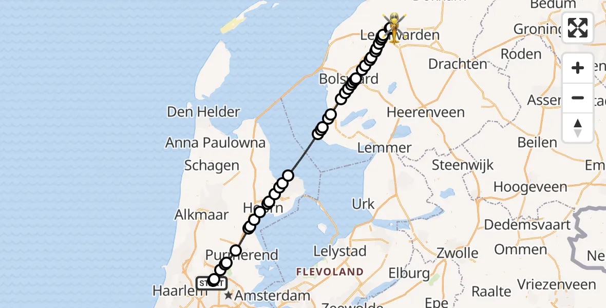 Vluchtroute Ambulancehelikopter van Amsterdam Heliport naar Vliegbasis Leeuwarden