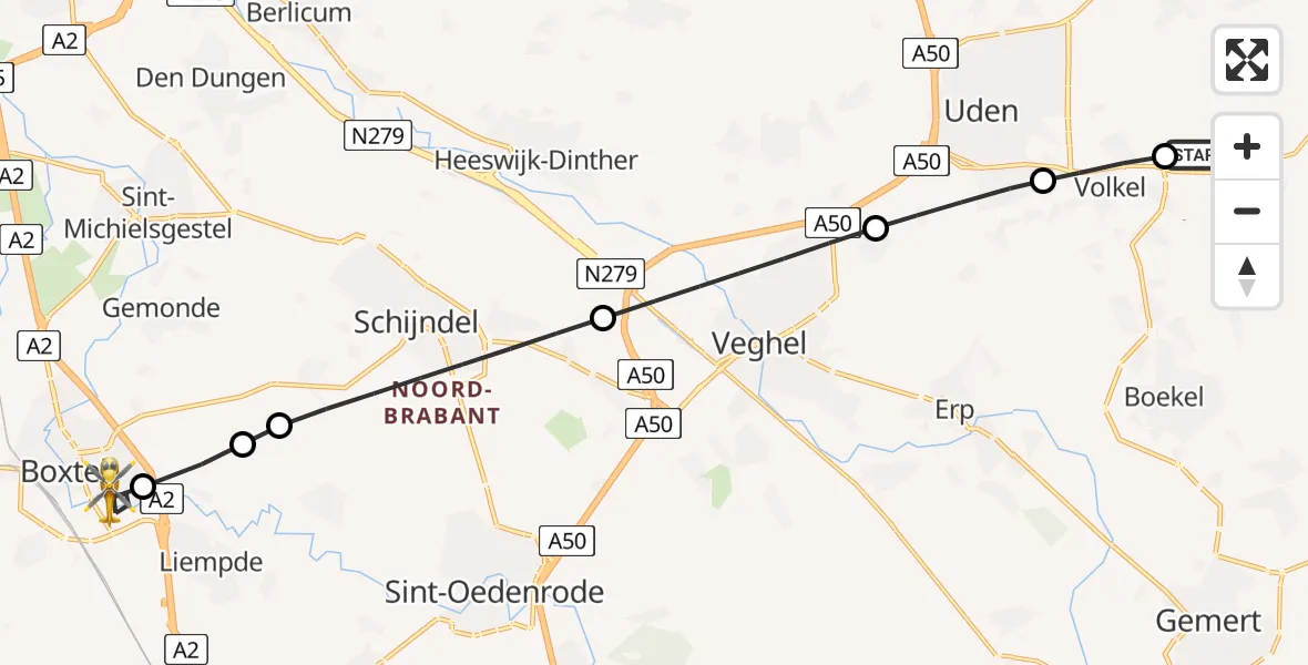 Vluchtroute Traumahelikopter van Vliegbasis Volkel naar Boxtel