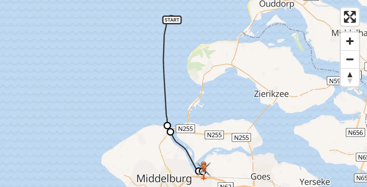 Vluchtroute Kustwachthelikopter van Noordzee naar Vliegveld Midden-Zeeland