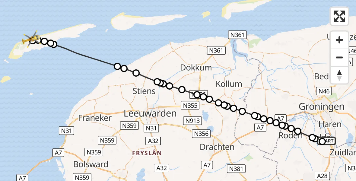 Vluchtroute Traumahelikopter van Groningen Airport Eelde naar West-Terschelling