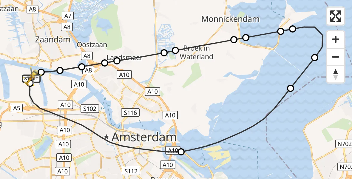Vluchtroute Traumahelikopter van Amsterdam Heliport naar Amsterdam Heliport