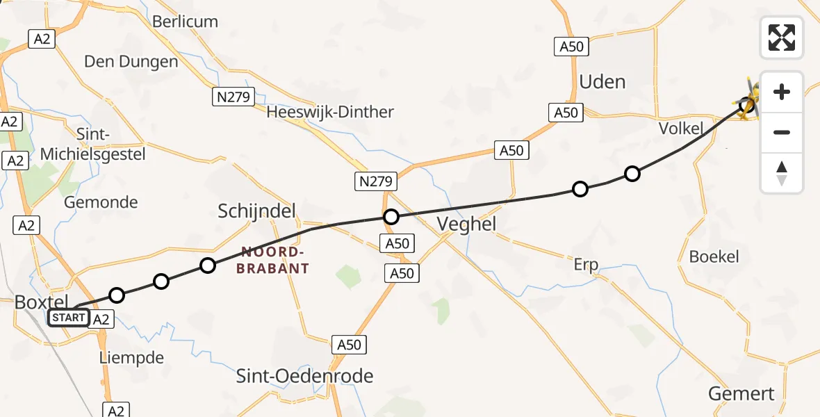 Vluchtroute Traumahelikopter van Boxtel naar Vliegbasis Volkel