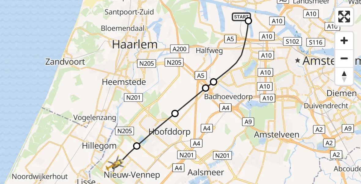 Vluchtroute Traumahelikopter van Amsterdam Heliport naar Nieuw-Vennep