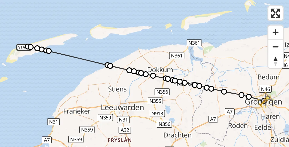 Vluchtroute Traumahelikopter van West-Terschelling naar Universitair Medisch Centrum Groningen