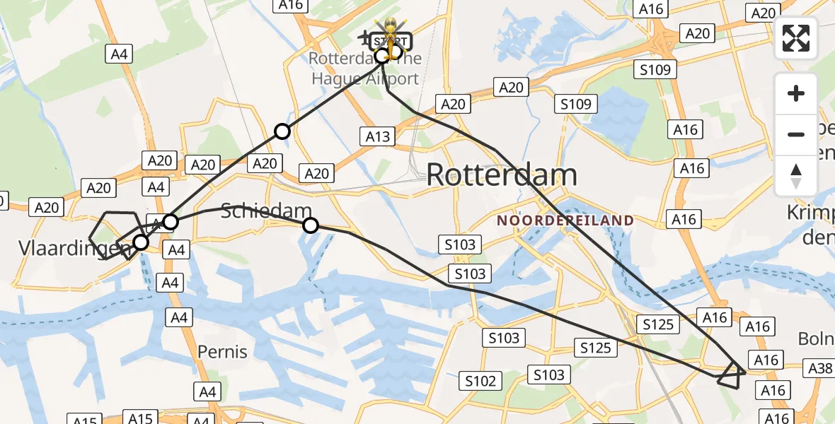 Vluchtroute Traumahelikopter van Rotterdam The Hague Airport naar Rotterdam The Hague Airport