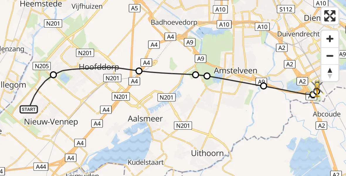 Vluchtroute Traumahelikopter van Nieuw-Vennep naar Amsterdam UMC Helipad