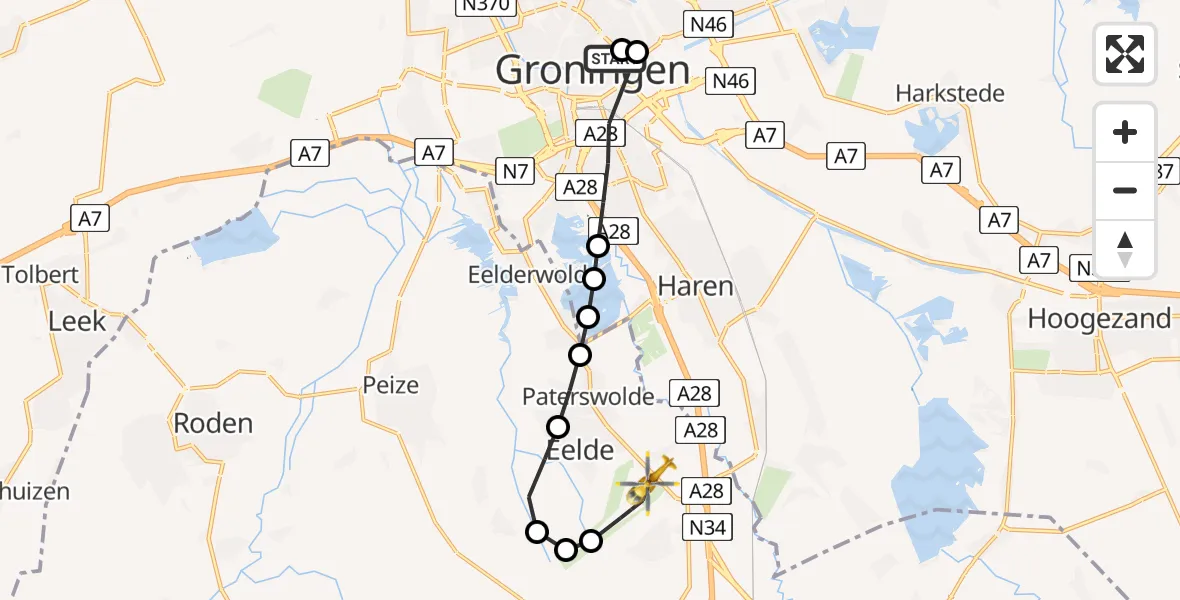 Vluchtroute Traumahelikopter van Universitair Medisch Centrum Groningen naar Groningen Airport Eelde