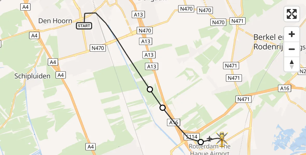 Vluchtroute Traumahelikopter van Delft naar Rotterdam The Hague Airport
