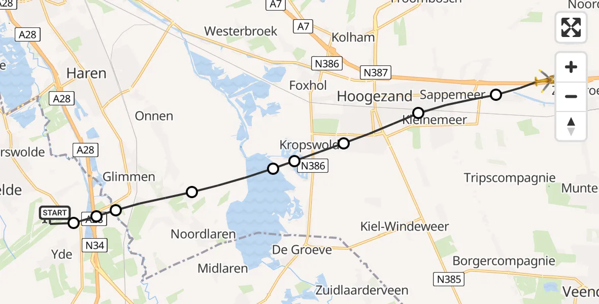 Vluchtroute Traumahelikopter van Groningen Airport Eelde naar Zuidbroek
