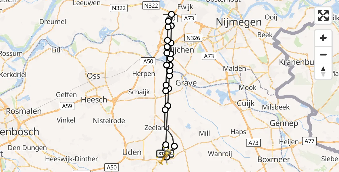 Vluchtroute Traumahelikopter van Vliegbasis Volkel naar Vliegbasis Volkel