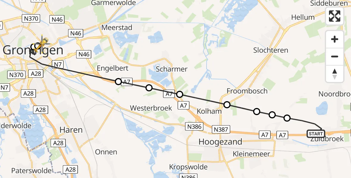 Vluchtroute Traumahelikopter van Zuidbroek naar Universitair Medisch Centrum Groningen