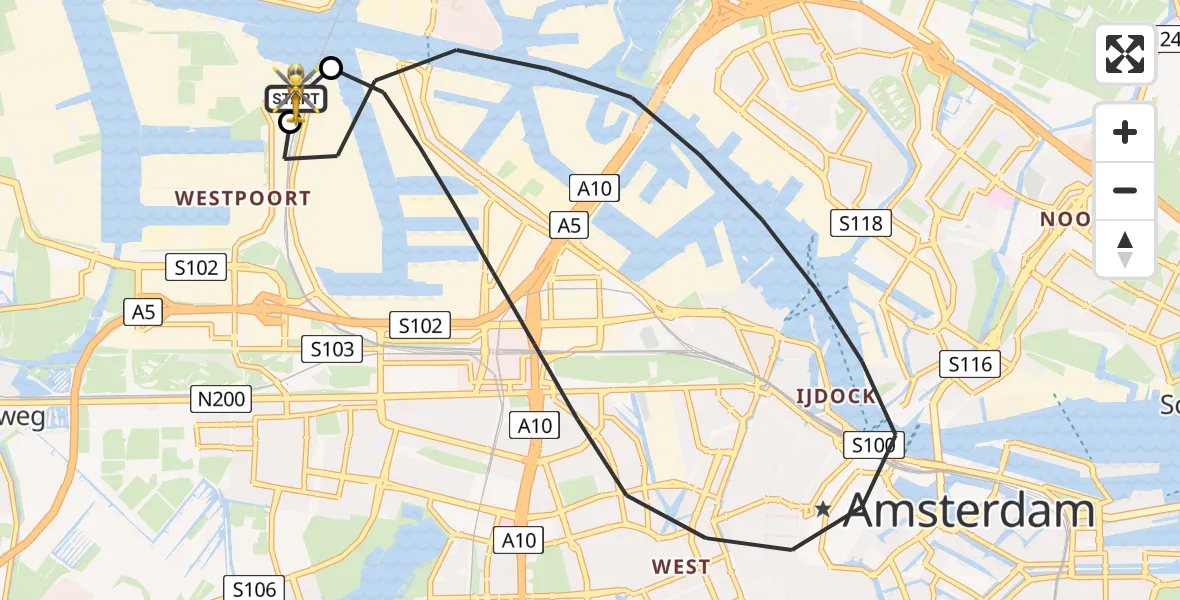 Vluchtroute Traumahelikopter van Amsterdam Heliport naar Amsterdam Heliport