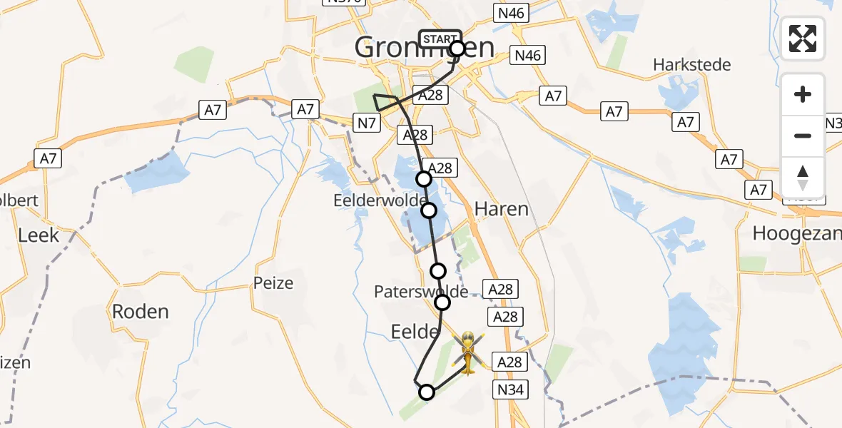 Vluchtroute Traumahelikopter van Universitair Medisch Centrum Groningen naar Groningen Airport Eelde