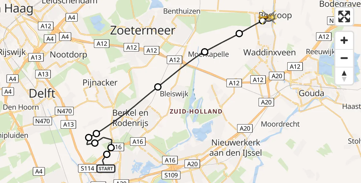 Vluchtroute Traumahelikopter van Rotterdam The Hague Airport naar Boskoop