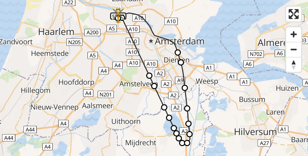 Vluchtroute Traumahelikopter van Amsterdam Heliport naar Amsterdam Heliport