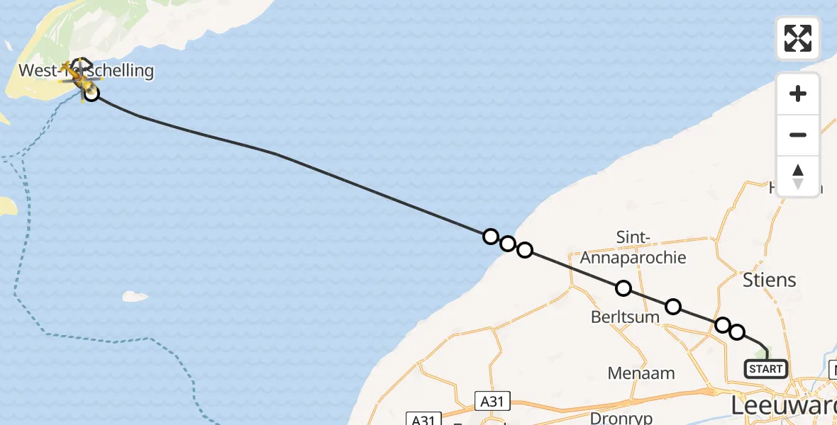 Vluchtroute Ambulancehelikopter van Vliegbasis Leeuwarden naar West-Terschelling