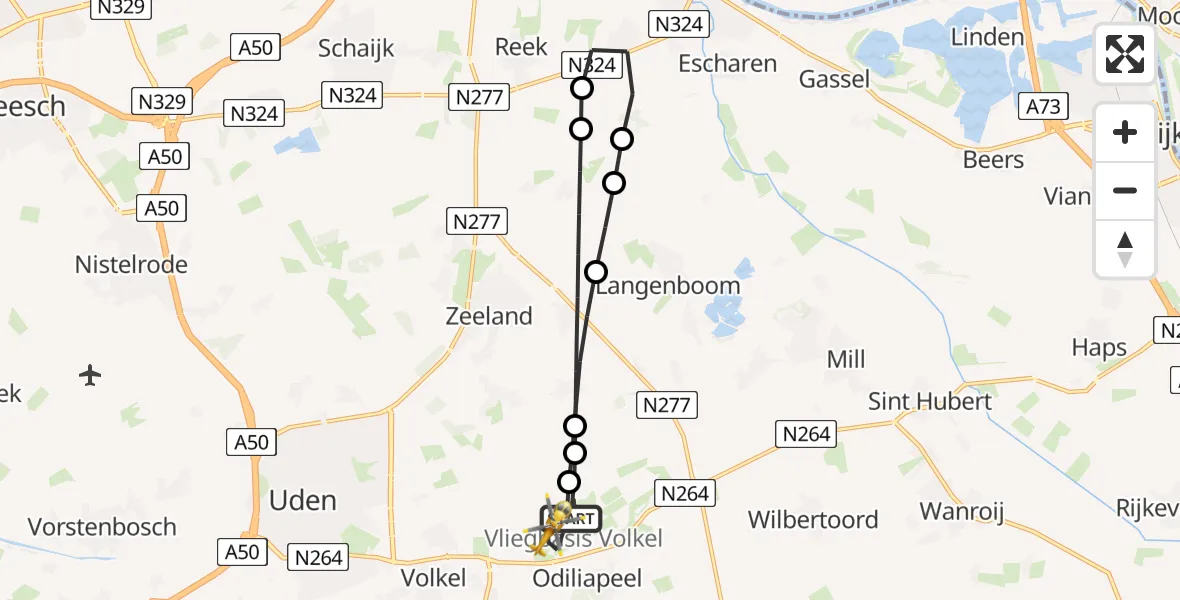 Vluchtroute Traumahelikopter van Vliegbasis Volkel naar Vliegbasis Volkel