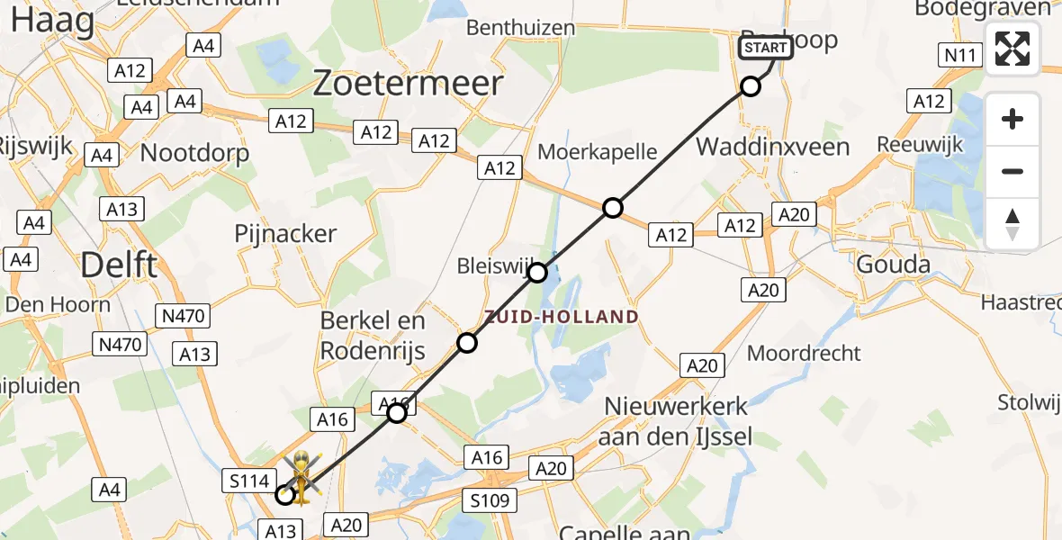 Vluchtroute Traumahelikopter van Boskoop naar Rotterdam The Hague Airport