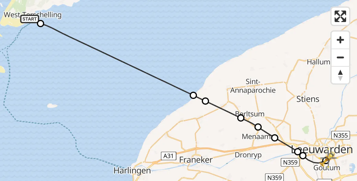 Vluchtroute Ambulancehelikopter van West-Terschelling naar Leeuwarden Medical Center Heliport