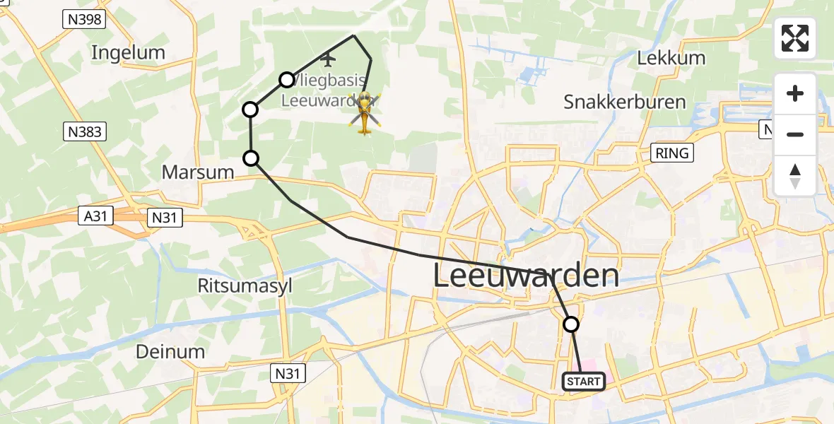 Vluchtroute Ambulancehelikopter van Leeuwarden Medical Center Heliport naar Vliegbasis Leeuwarden