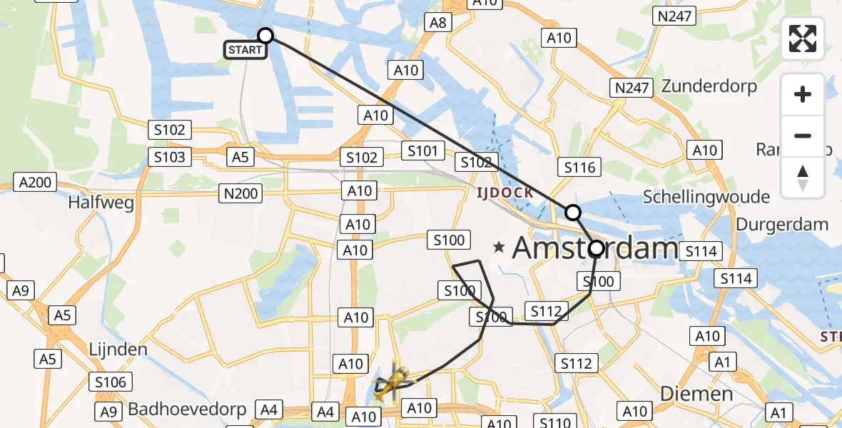 Vluchtroute Traumahelikopter van Amsterdam Heliport naar Amsterdam