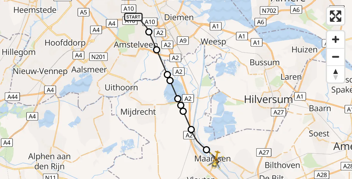 Vluchtroute Traumahelikopter van Amsterdam naar Maarssen