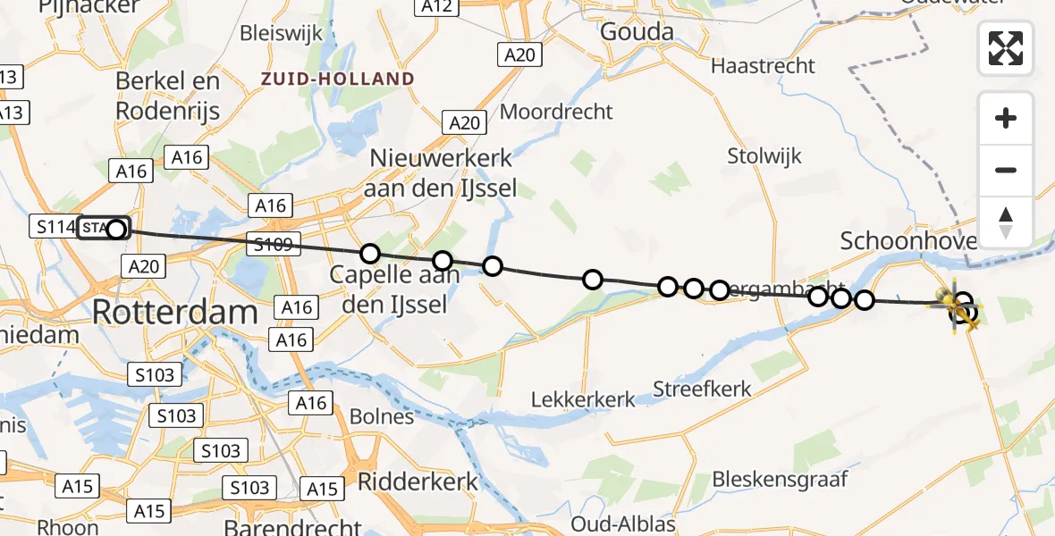 Vluchtroute Traumahelikopter van Rotterdam The Hague Airport naar Groot-Ammers