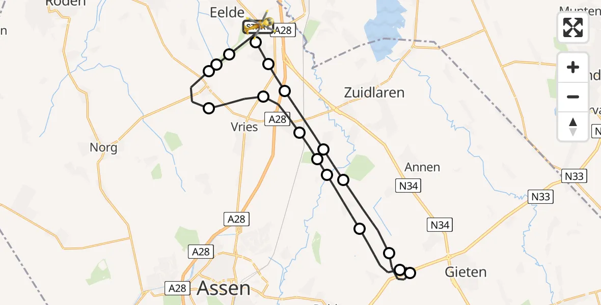 Vluchtroute Traumahelikopter van Groningen Airport Eelde naar Groningen Airport Eelde