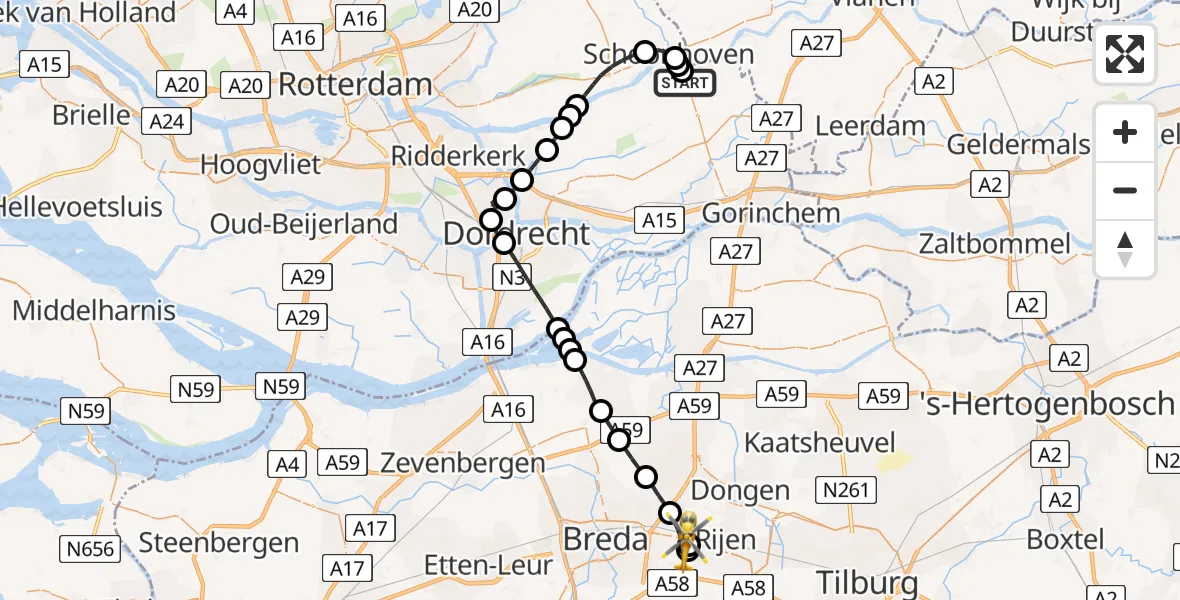 Vluchtroute Traumahelikopter van Groot-Ammers naar Dorst