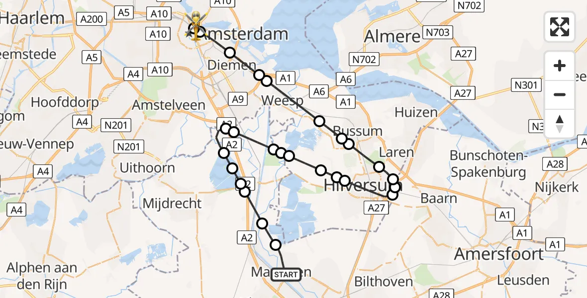 Vluchtroute Traumahelikopter van Maarssen naar Amsterdam