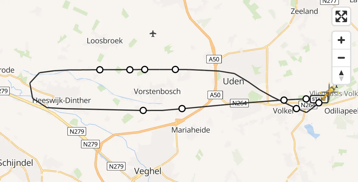 Vluchtroute Traumahelikopter van Vliegbasis Volkel naar Vliegbasis Volkel