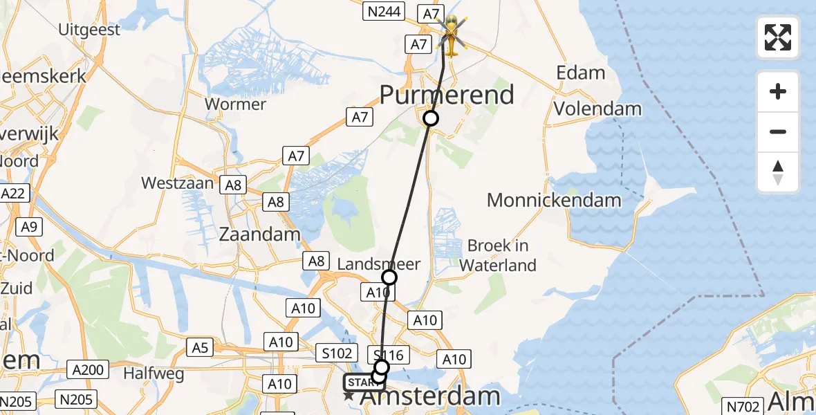 Vluchtroute Traumahelikopter van Amsterdam naar Purmerend